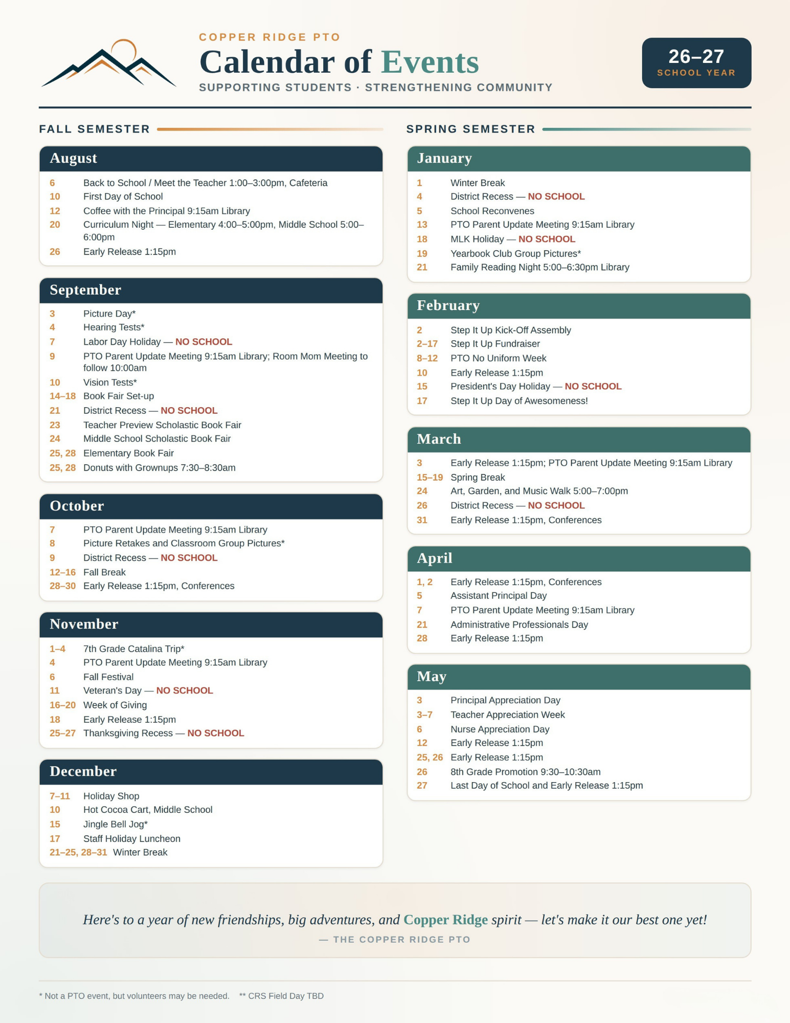 Copper Ridge PTO Calendar of Events 2026-27